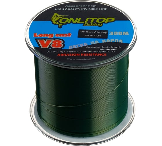 Капроновая леска ONLITOP V8 на карпа, темно-зеленая, d=0.4 мм, 300 м, 20.2 кг 132380