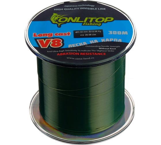 Леска Onlitop V8 капрон, на карпа, темно-зеленая, d=0,3 мм, 300 м, 12.06 кг 132378 1