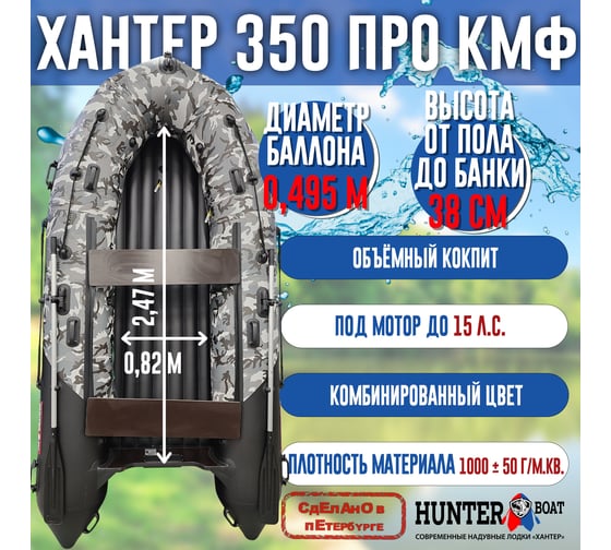 Лодка Hunterboat Хантер 350 ПРО, серый камуфляж/черный 4627110221970