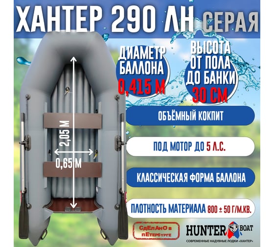 Лодка Hunterboat Хантер 290 ЛН, серая 4627110220294