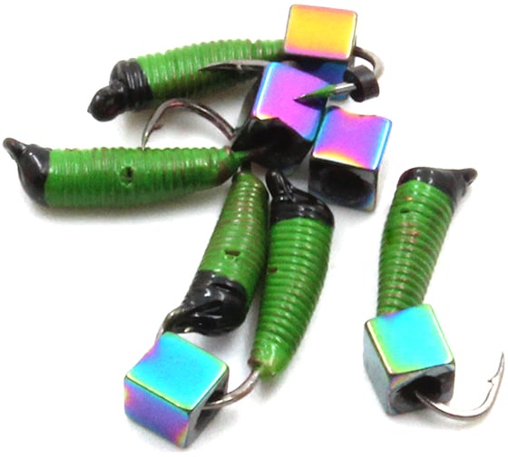 Вольфрамовая безнасадочная мормышка ЯМАН Ручейник №3, d-1.5 мм, l-8.5 мм, вес 0.60 г, кубикв. салатовый Я-МР1109 1