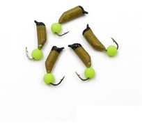 Вольфрамовая безнасадочная мормышка ЯМАН Ручейник №7, d-2.5 мм, l-9.5 мм, вес 0.95 г, зеленый шар Я-МР2136