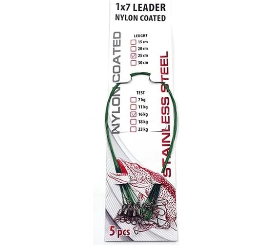 Стальной поводок Namazu leader 1x7 nylon coated green, d-0.45 мм, l-30 см, test 23 кг, 5 шт N-17LSG45-30L 1