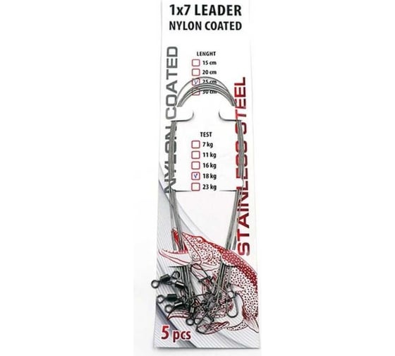 Стальной поводок Namazu leader 1x7 nylon coated, d-0.42 мм, l-30 см, test- 18 кг, 5 шт N-17LSN42-30L