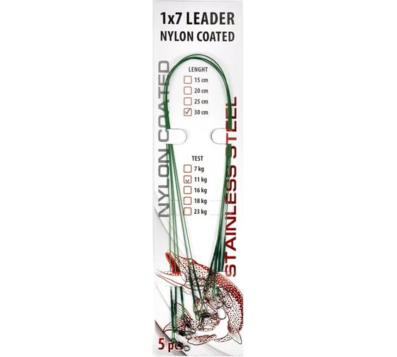 Стальной поводок Namazu leader 1x7 nylon coated green, d-0.30 мм, l-30 см, test 11 кг, 5 шт N-17LSG30-30L