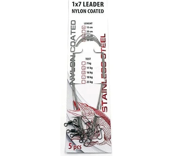Стальной поводок Namazu leader 1x7 nylon coated, d-0.30 мм, l-30 см, test 11 кг, 5 шт N-17LSN30-30L