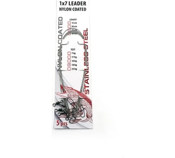 Стальной поводок Namazu leader 1x7 nylon coated, d-0.42 мм, l-25 см, test 18 кг, 5 шт N-17LSN42-25L
