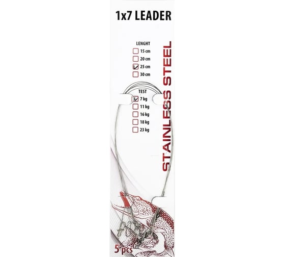 Стальной поводок Namazu leader1x7, d-0.24 мм, l-25 см, test 7 кг, 5 шт N-17LS24-25L