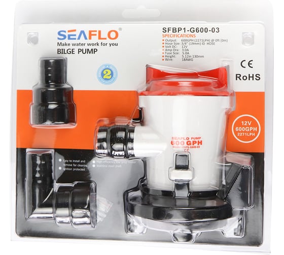 Водооткачивающая трюмная помпа SeaFlo 600 галлон/час, патрубок 19 мм, 12V SFBP1-G600-03
