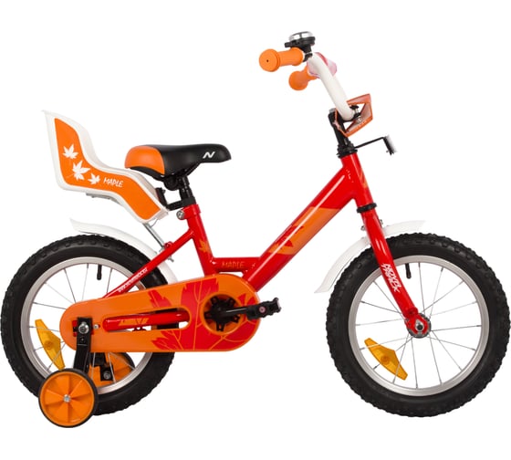 Детский велосипед NOVATRACK MAPLE диаметр колес 14", красный, полная защита цепи, тормоз нож, сидение для куклы 144MAPLE.RD22