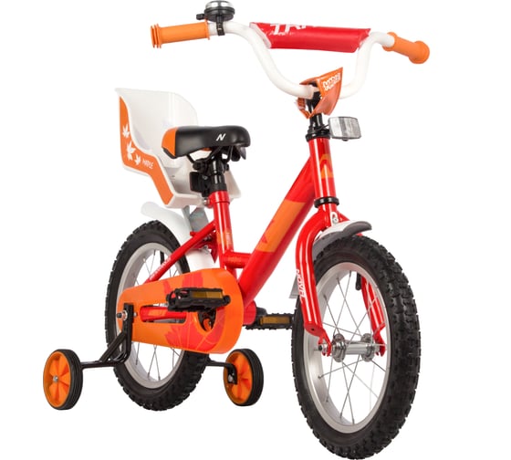 Детский велосипед NOVATRACK MAPLE диаметр колес 14", красный, полная защита цепи, тормоз нож, сидение для куклы 144MAPLE.RD22