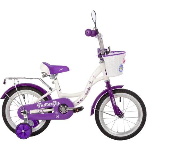 Велосипед NOVATRACK NOVATRACK диаметр колес 14" BUTTERFLY белый-фиолетовый, тормоз нож, крылья и багаж хром, корз, полная защита 147BUTTERFLY.WVL23
