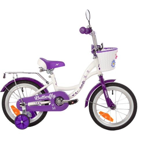 Велосипед NOVATRACK NOVATRACK диаметр колес 14" BUTTERFLY белый-фиолетовый, тормоз нож, крылья и багаж хром, корз, полная защита 147BUTTERFLY.WVL23