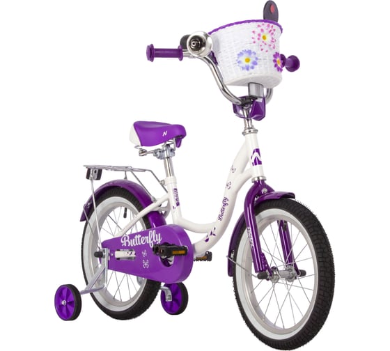 Велосипед NOVATRACK диаметр колес 16" BUTTERFLY белый-фиолетовый, тормоз нож, крылья и багаж хром, корз, полная защита 167BUTTERFLY.WVL23