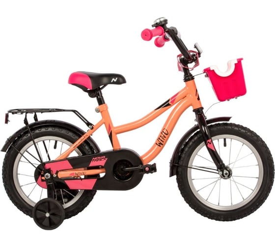 Велосипед NOVATRACK 14" WIND коралловый, полная защита цепи, ножной тормоз., крылья, багажник, 144WIND.CRL22