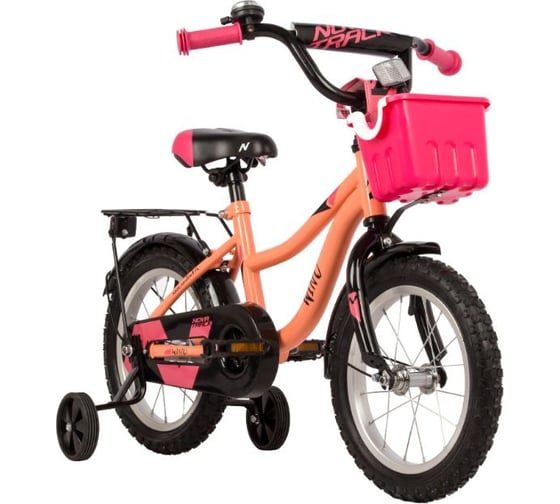 Велосипед NOVATRACK 14" WIND коралловый, полная защита цепи, ножной тормоз., крылья, багажник, 144WIND.CRL22