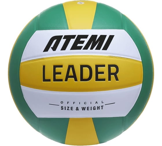 Мяч волейбольный клееный ATEMI LEADER (N), PVC ламинированный, желтый/белый/зеленый, 18 панелей, окружность 65-67 см 00-00009834