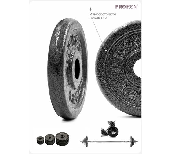 Гантели разборные PROIRON из чугуна с грифом, 2 шт по 10 кг Г2100Ч