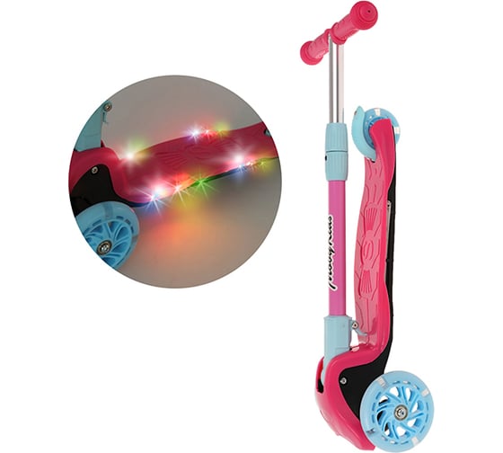 Самокат складной Moby Kids Disco 120 PU со светом, свет и звук на деке, розовый 641464