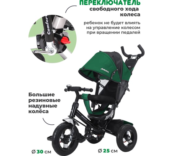 Велосипед трехколесный Moby Kids Comfort 12x10 AIR, зелёный с чёрным 649371