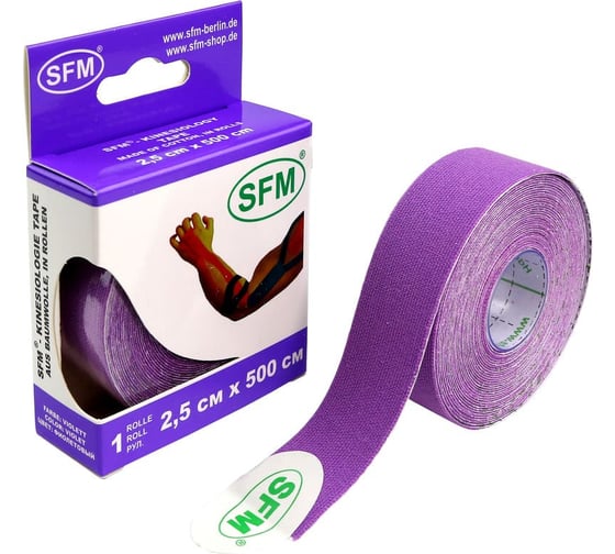 Лента кинезиологическая SFM Plaster на хлопковой основе, 2.5х500 см, фиолетового цвета, в диспенсере 4036534089057