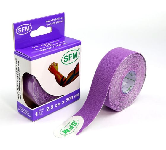 Лента кинезиологическая SFM Plaster на хлопковой основе, 2.5х500 см, фиолетового цвета, в диспенсере 4036534089057