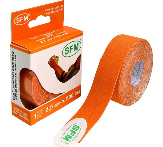 Лента кинезиологическая SFM Plaster на хлопковой основе, 2.5х500 см, оранжевого цвета, в диспенсере 4036534088050