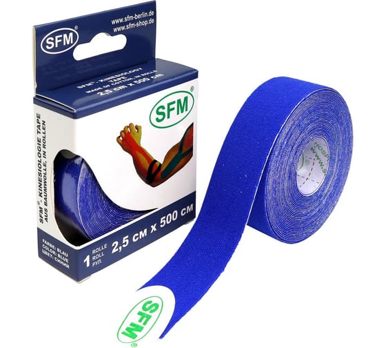Лента кинезиологическая SFM Plaster на хлопковой основе, 2.5х500 см, синего цвета, в диспенсере 4036534083055