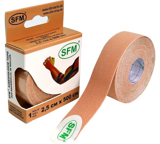 Лента кинезиологическая SFM Plaster на хлопковой основе, 2.5х500 см, бежевого цвета, в диспенсере 4036534082058