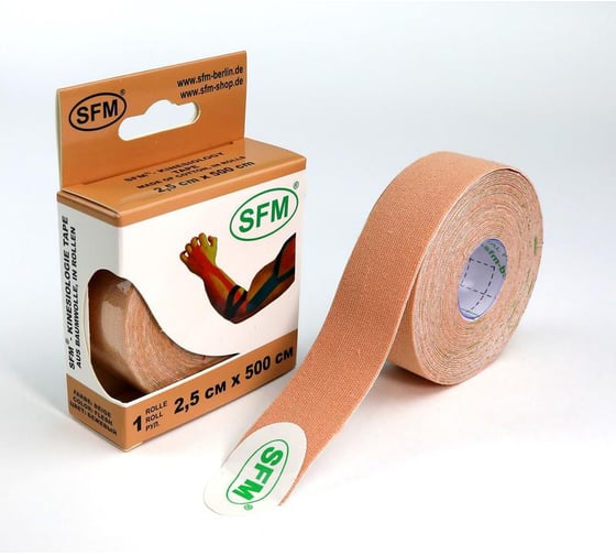 Лента кинезиологическая SFM Plaster на хлопковой основе, 2.5х500 см, бежевого цвета, в диспенсере 4036534082058