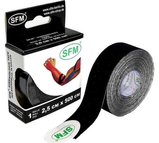 Лента кинезиологическая SFM Plaster на хлопковой основе, 2.5х500 см, черного цвета, в диспенсере 4036534085059 1