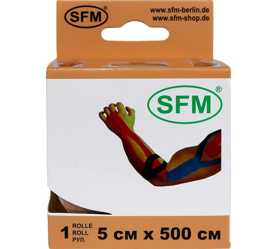 Лента кинезиологическая SFM Plaster на хлопковой основе, 5х500 см, бежевого цвета, в диспенсере 4036534820056
