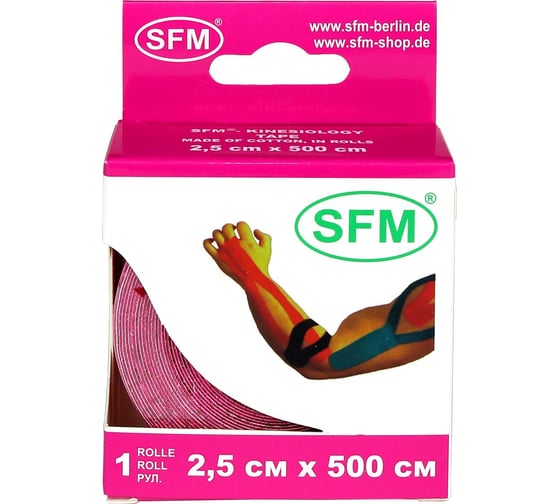 Лента кинезиологическая SFM Plaster на хлопковой основе, 2.5х500 см, розового цвета, в диспенсере 4036534084052