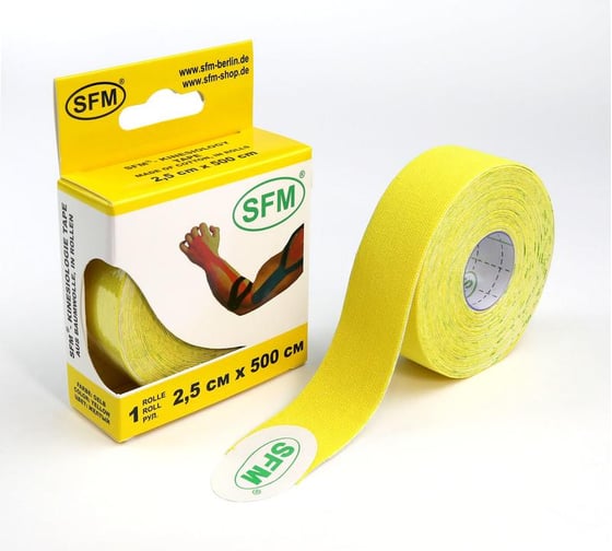 Лента кинезиологическая SFM Plaster на хлопковой основе, 2.5х500 см, желтого цвета, в диспенсере 4036534086056