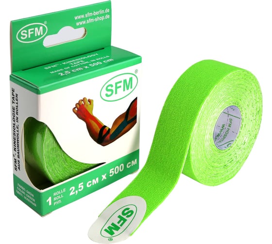 Лента кинезиологическая SFM Plaster на хлопковой основе, 2.5х500 см, зеленого цвета, в диспенсере 4036534087053