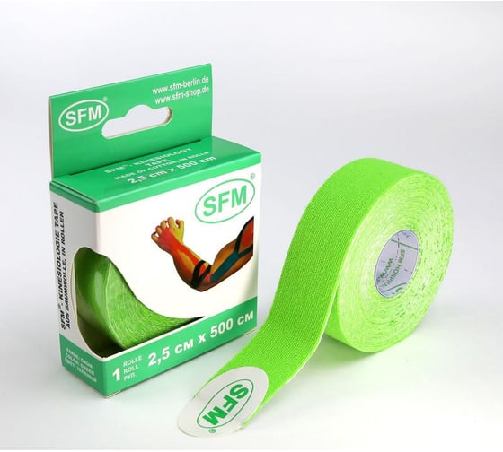 Лента кинезиологическая SFM Plaster на хлопковой основе, 2.5х500 см, зеленого цвета, в диспенсере 4036534087053