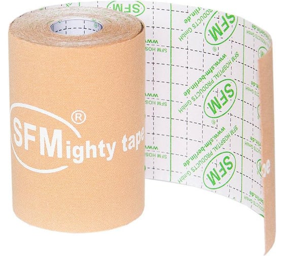 Лента кинезиологическая SFM Plaster на хлопковой основе, 10х500 см, бежевого цвета, в диспенсере, с логотипом 4036534869055
