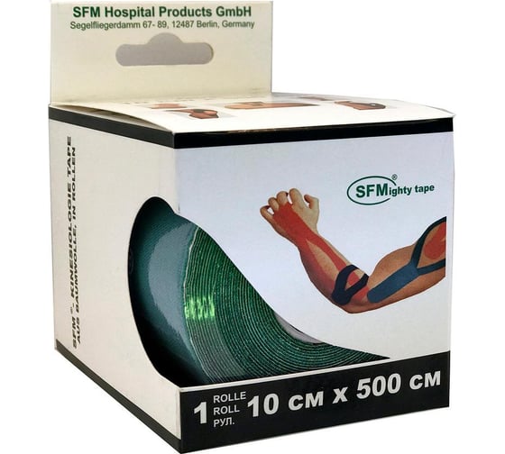 Лента кинезиологическая SFM Plaster на хлопковой основе, 10х500 см, зеленого цвета, в диспенсере, с логотипом 4036534874059