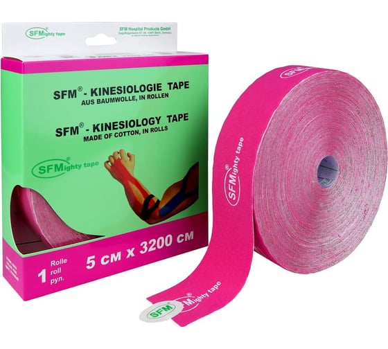 Лента кинезиологическая SFM Plaster на хлопковой основе, 5х3200 см, розового цвета, в диспенсере, с логотипом 4036534847053
