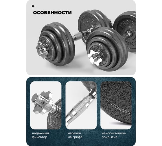 Гантели разборные PROIRON из чугуна, с грифом, 2 шт, по 15 кг Г2150Ч