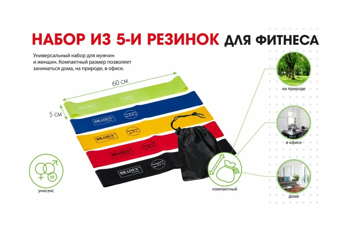 Набор из 5-ти резинок для фитнеса BRADEX нагрузка до 4 SF 0673 - выгодная  цена, отзывы, характеристики, фото - купить в Москве и РФ