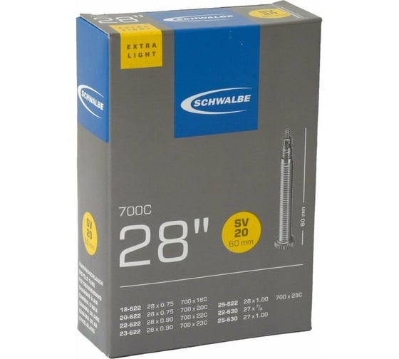 Камера SCHWALBE SV20 EXTRA LIGHT,18/25-622 630, 28-0.7-1.0, 60mm, вентиль преста 10426363 H000013132