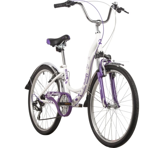 Велосипед NOVATRACK BUTTERFLY 24", сталь, рама 13", белый/фиолетовый, 6 скоростей 24SH6V.BUTTERFLY.13VL22