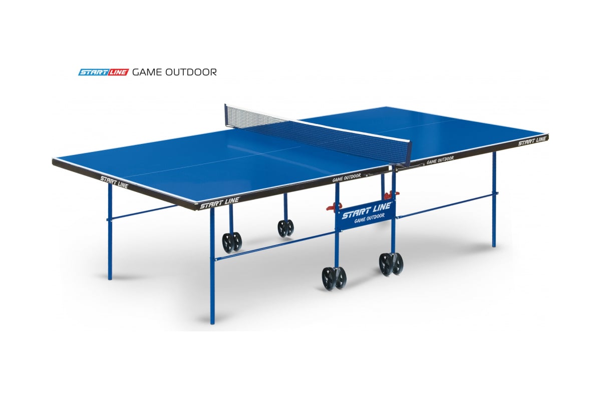 Теннисный стол Start Line Game Outdoor blue, всепогодный, любительский, с  встроенной сеткой, с комплектом (ракетки+мячи) 6034-3