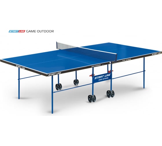 Теннисный стол Start Line Game Outdoor blue, всепогодный, любительский, с встроенной сеткой, с комплектом (ракетки+мячи) 6034-3