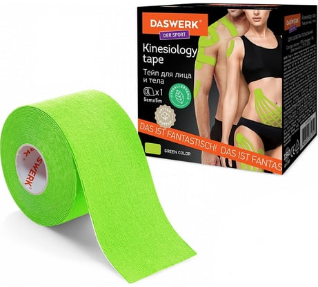 Кинезио тейп/лента для лица и тела DASWERK омоложение и восстановление, 5 см х 5 м, зеленый 680006