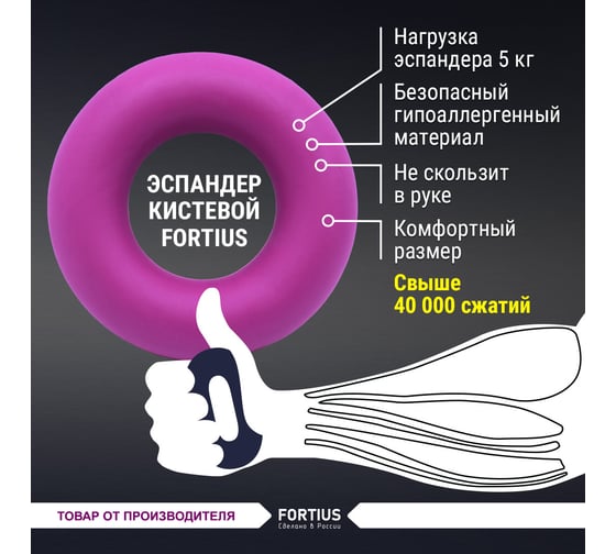 Кистевой эспандер для рук FORTIUS 5 кг, фиолетовый, H180701-05TP