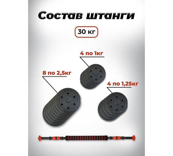 Пластиковая разборная штанга BARFITS 30кг, 2 гантели х 15кг, коннектор 1181160720