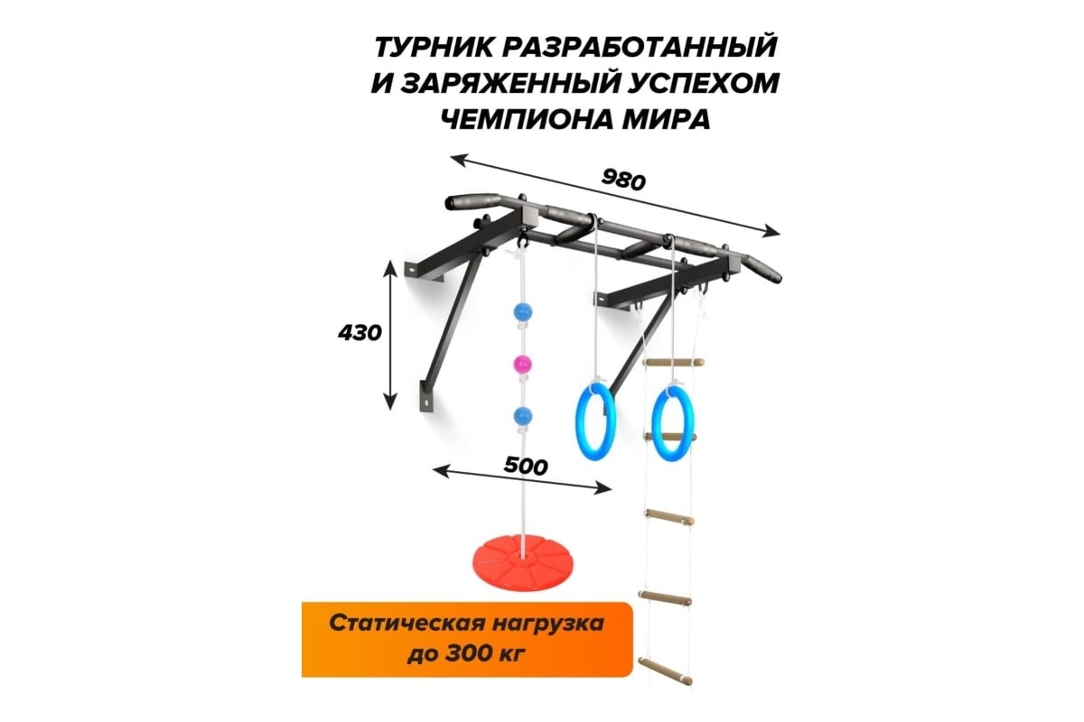 Турник Оптимист Absolute Champion тарзанка, лестница, кольца, черный с  черными ручками АЧАЧ10045