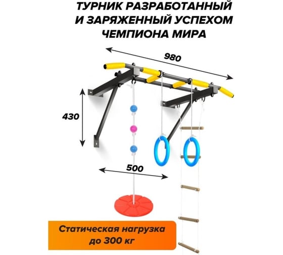 Турник Absolute Champion Оптимист тарзанка, лестница, кольца, черный с желтыми ручками АЧАЧ10097
